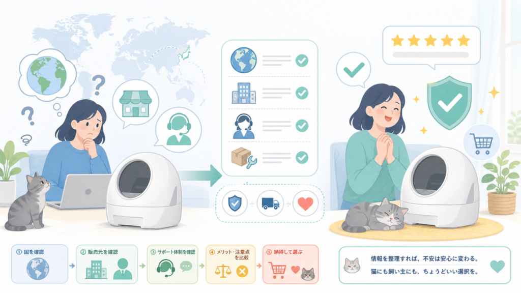 CATLINKはどこの国?自動トイレの運営会社と選び方ガイドの要点を表すイラスト