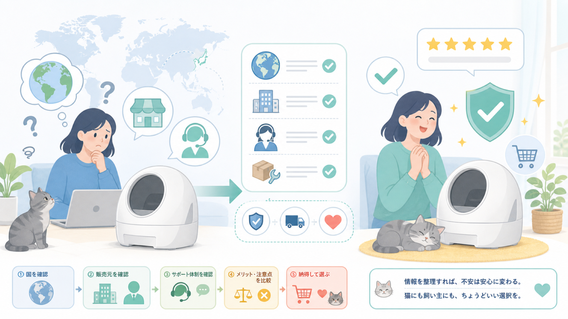 CATLINKはどこの国?自動トイレの運営会社と選び方ガイドの要点を表すイラスト