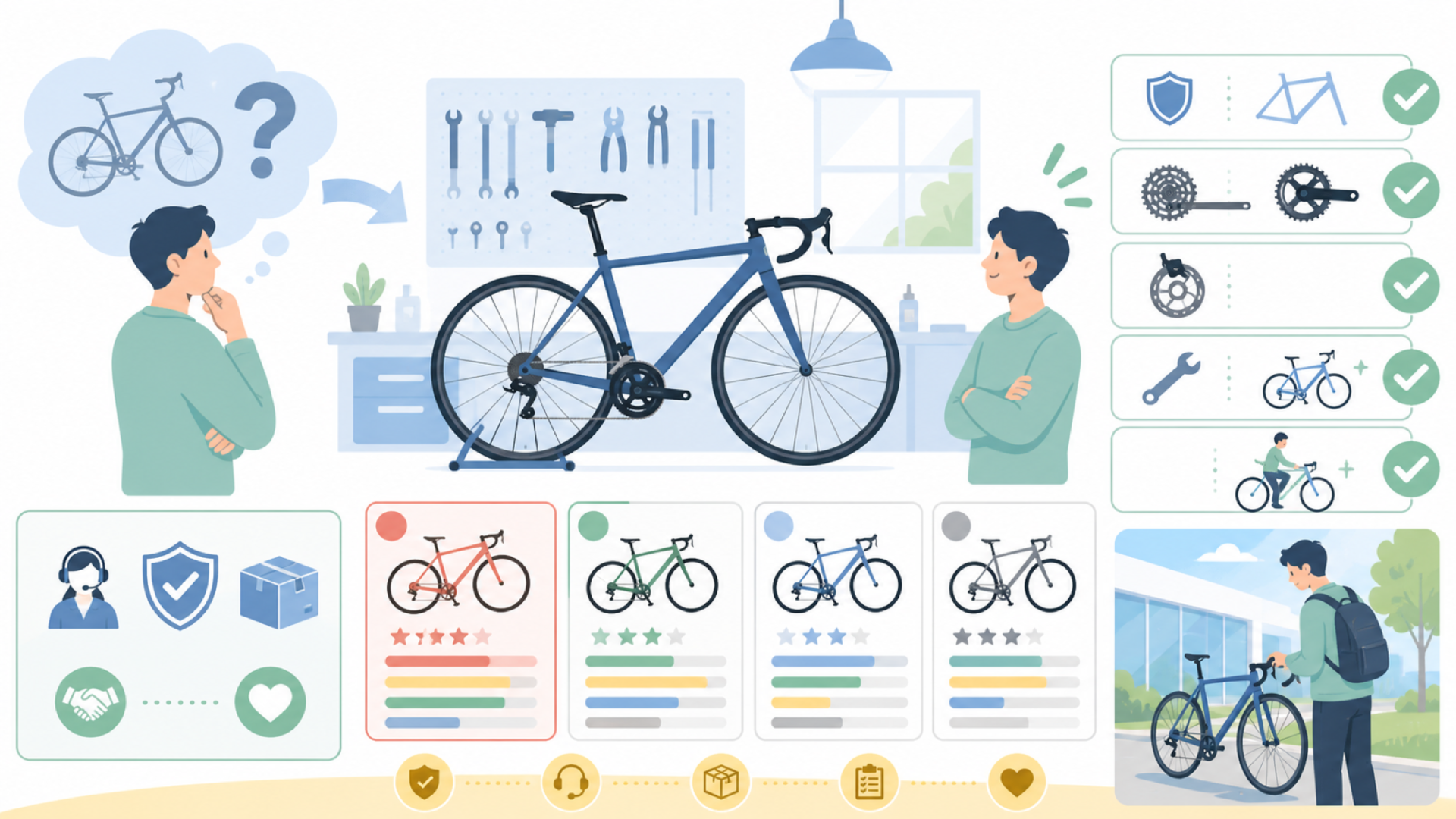 初心者が無名ブランドのロードバイクを選ぶときに確認したいポイントを表すイラスト