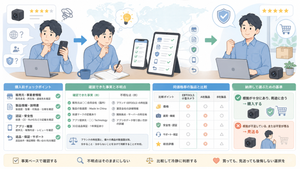 EBTOOLSはどこの国?運営会社不明でも判断できる確認ポイントの要点を表すイラスト