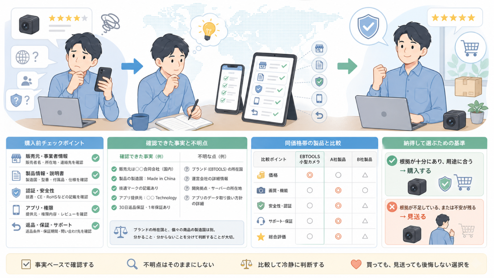 EBTOOLSはどこの国?運営会社不明でも判断できる確認ポイントの要点を表すイラスト