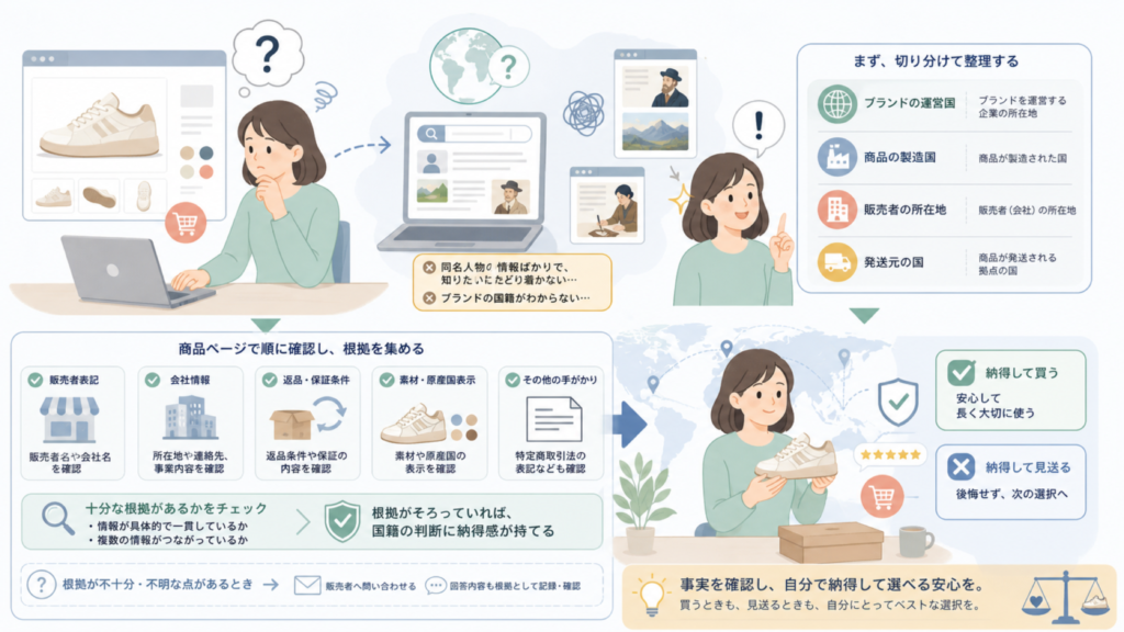 ERYUEはどこの国のブランド？公式表記と販売者情報の確認方法の要点を表すイラスト