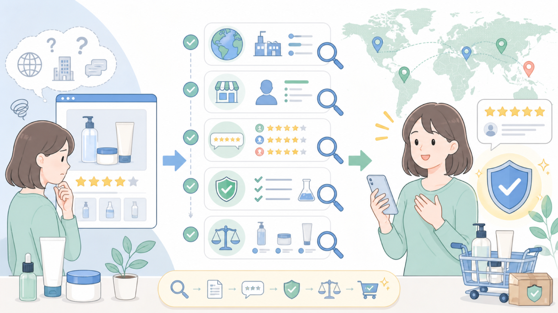 FamGiftはどこの国?運営会社と評判を買う前に確認する方法の要点を表すイラスト