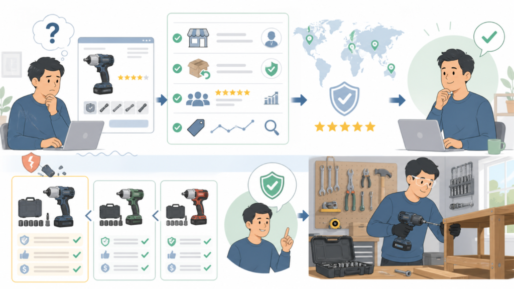 FineGoodはどこの国のブランド?信頼性と代替メーカーを確認の要点を表すイラスト