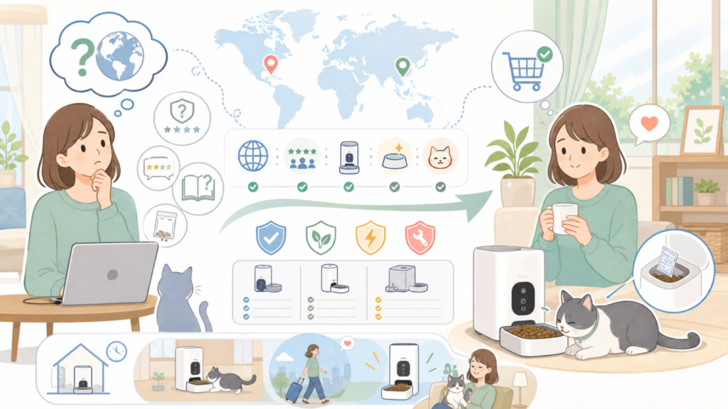 HoneyGuaridanはどこの国？自動給餌器の口コミ・使い方まとめの要点を表すイラスト
