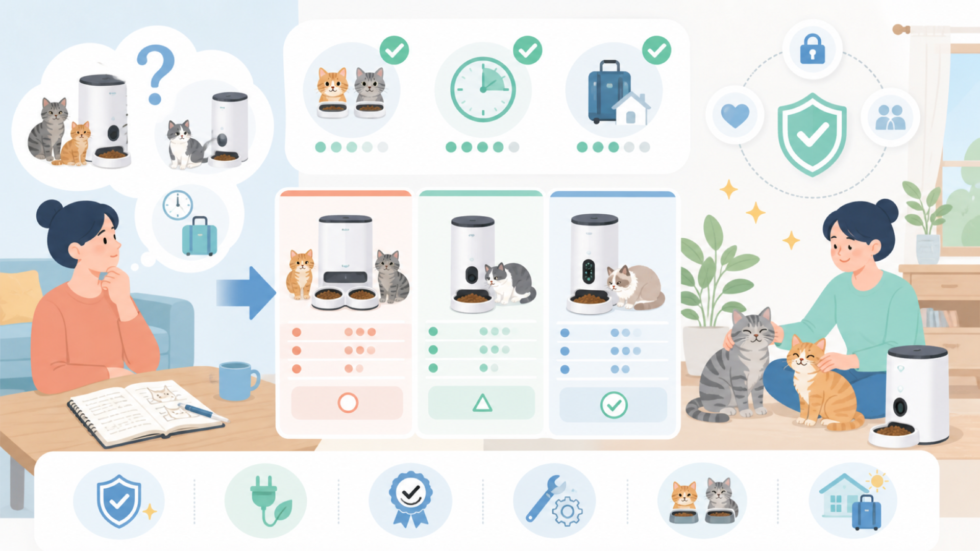 猫との相性を確認するチェックポイント（多頭飼い・留守番対応）を表すイラスト