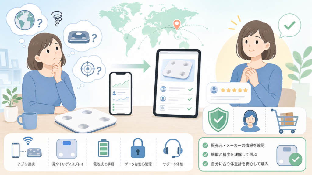 JOKITAはどこの国のメーカー？体重計の正体と評判を確認の要点を表すイラスト