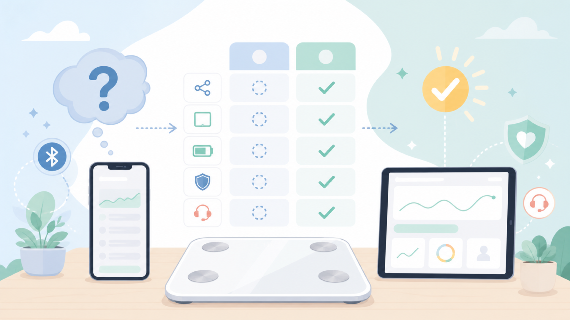 JOKITA体重計の機能とスペック（アプリ・Bluetooth対応は？）を表すイラスト