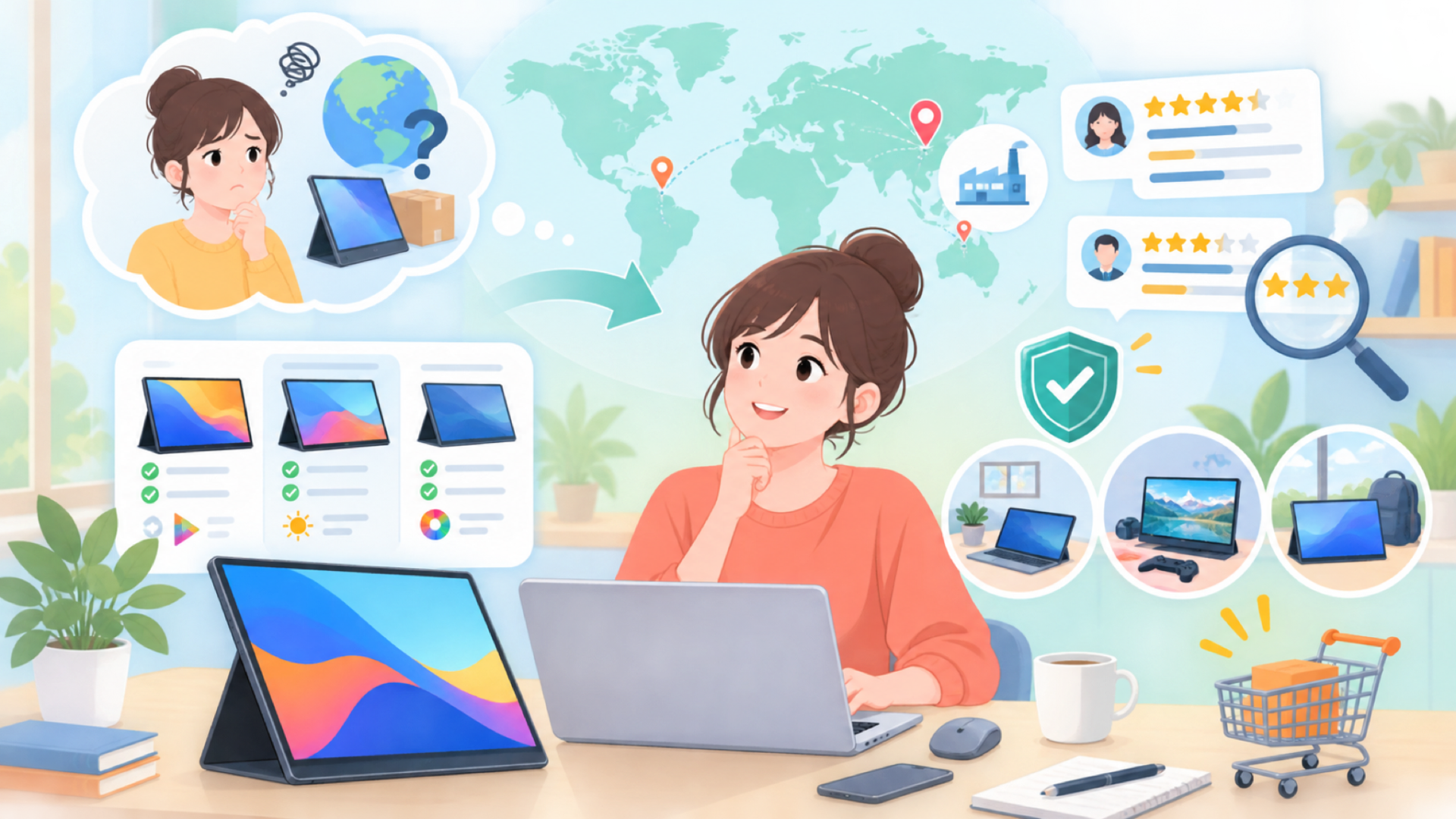 KKSmartはどこの国?モバイルモニター評判を購入前に確認の要点を表すイラスト