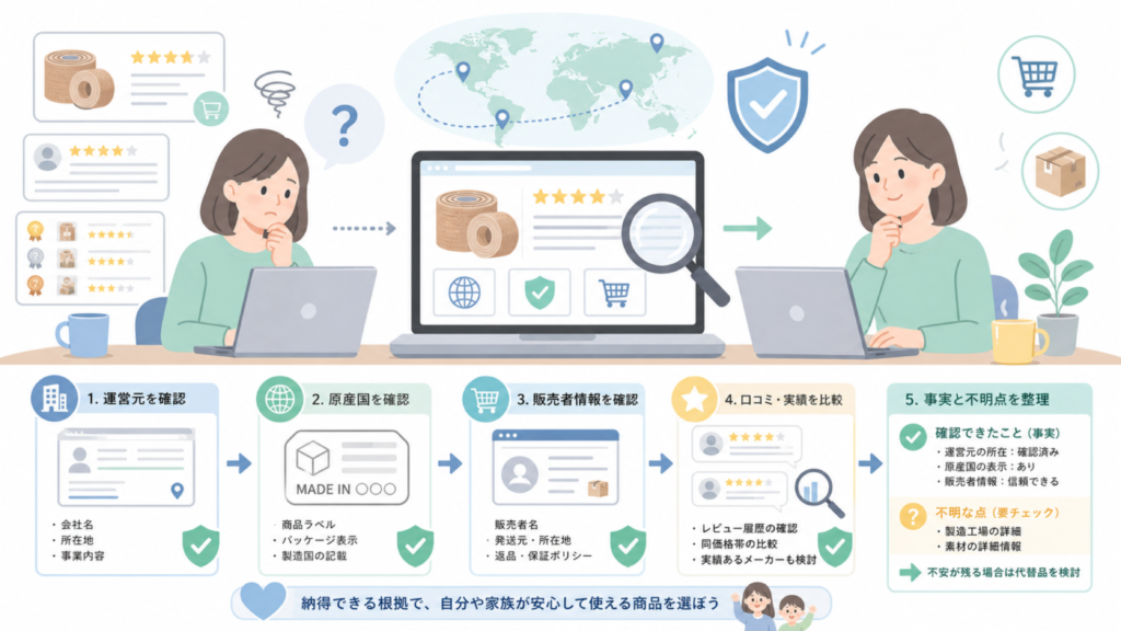 Mirhuaはどこの国？運営会社と原産国を確認する方法の要点を表すイラスト