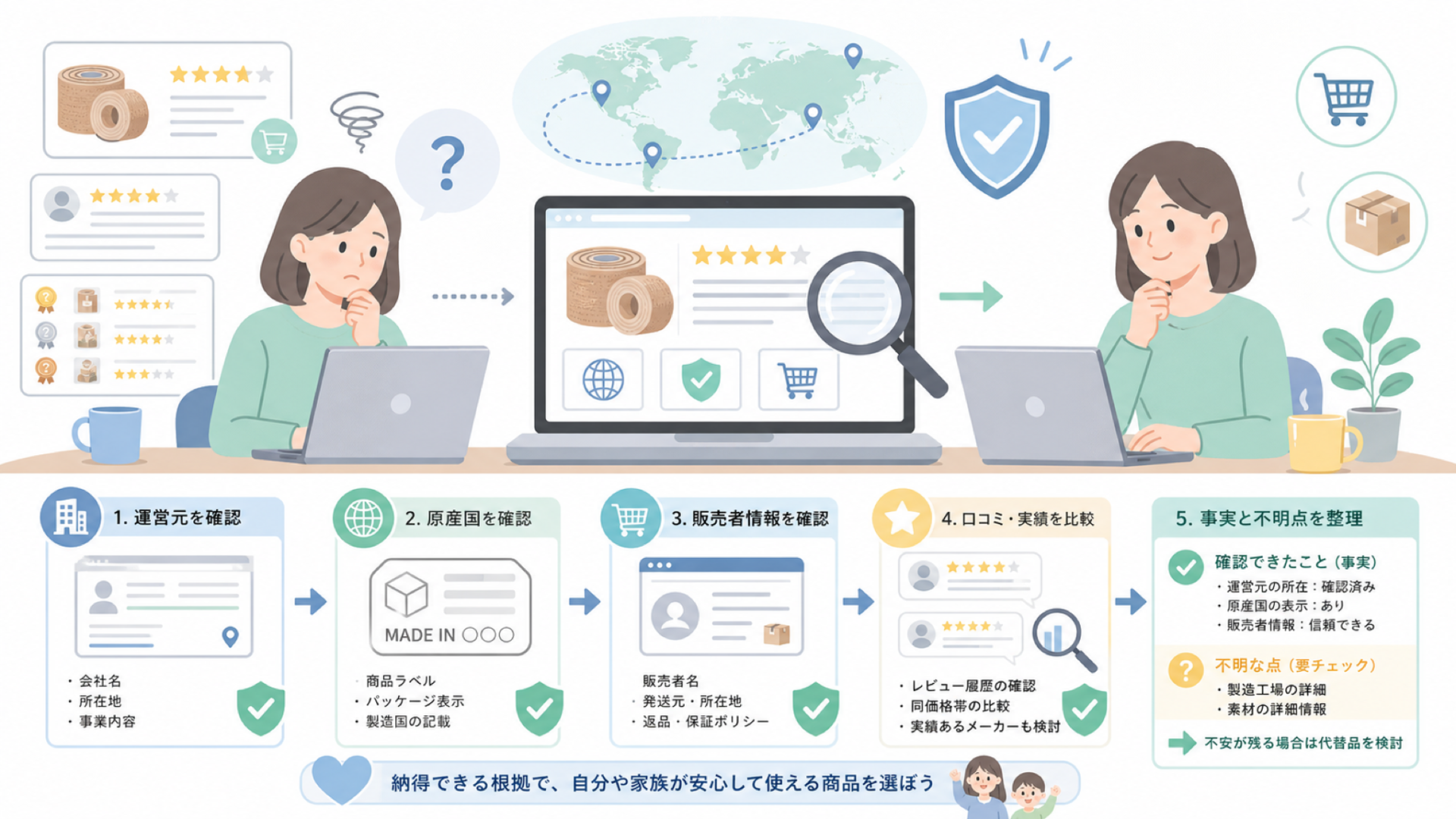 Mirhuaはどこの国？運営会社と原産国を確認する方法の要点を表すイラスト