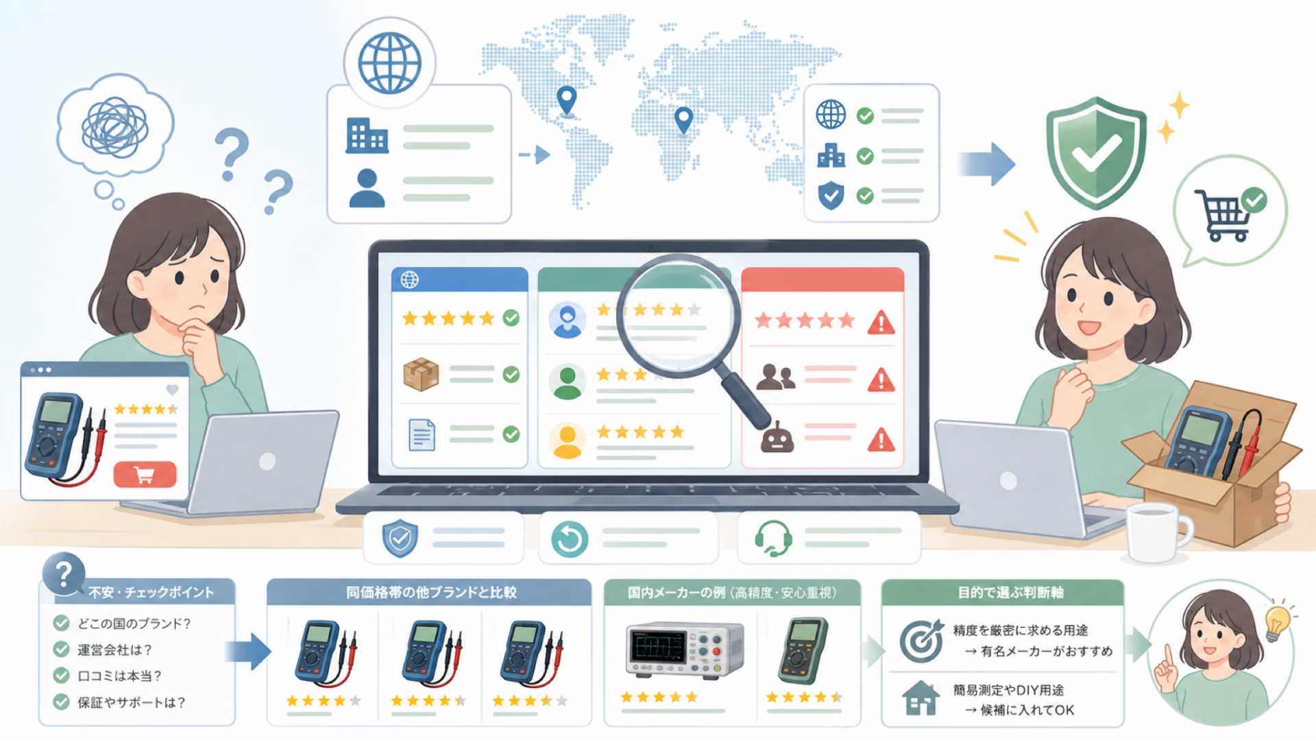 Mxmoonfreeはどこの国？運営会社と信頼性を購入前に確認の要点を表すイラスト