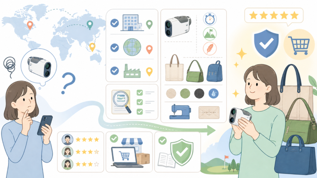 OUTZOOPはどこの国のブランド？運営会社と口コミを確認の要点を表すイラスト