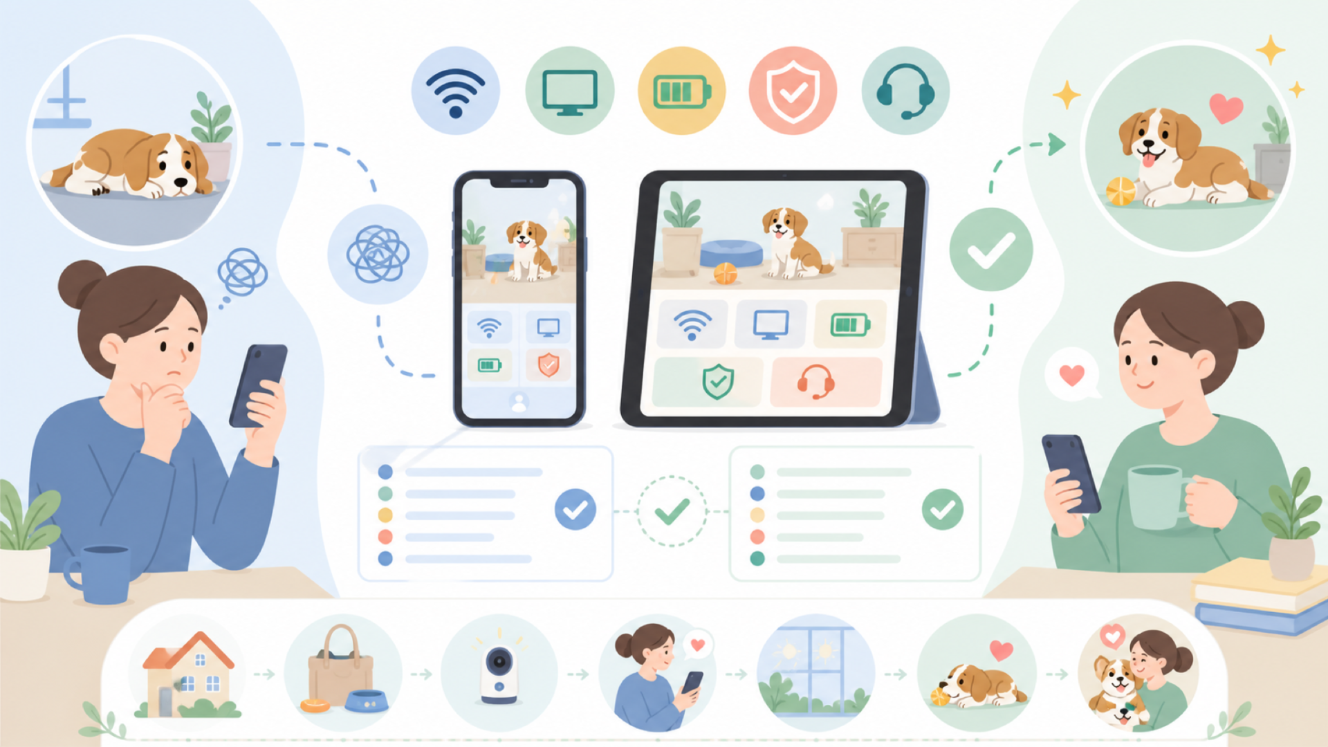 留守番中のペットとの関わり方を広げる工夫を表すイラスト