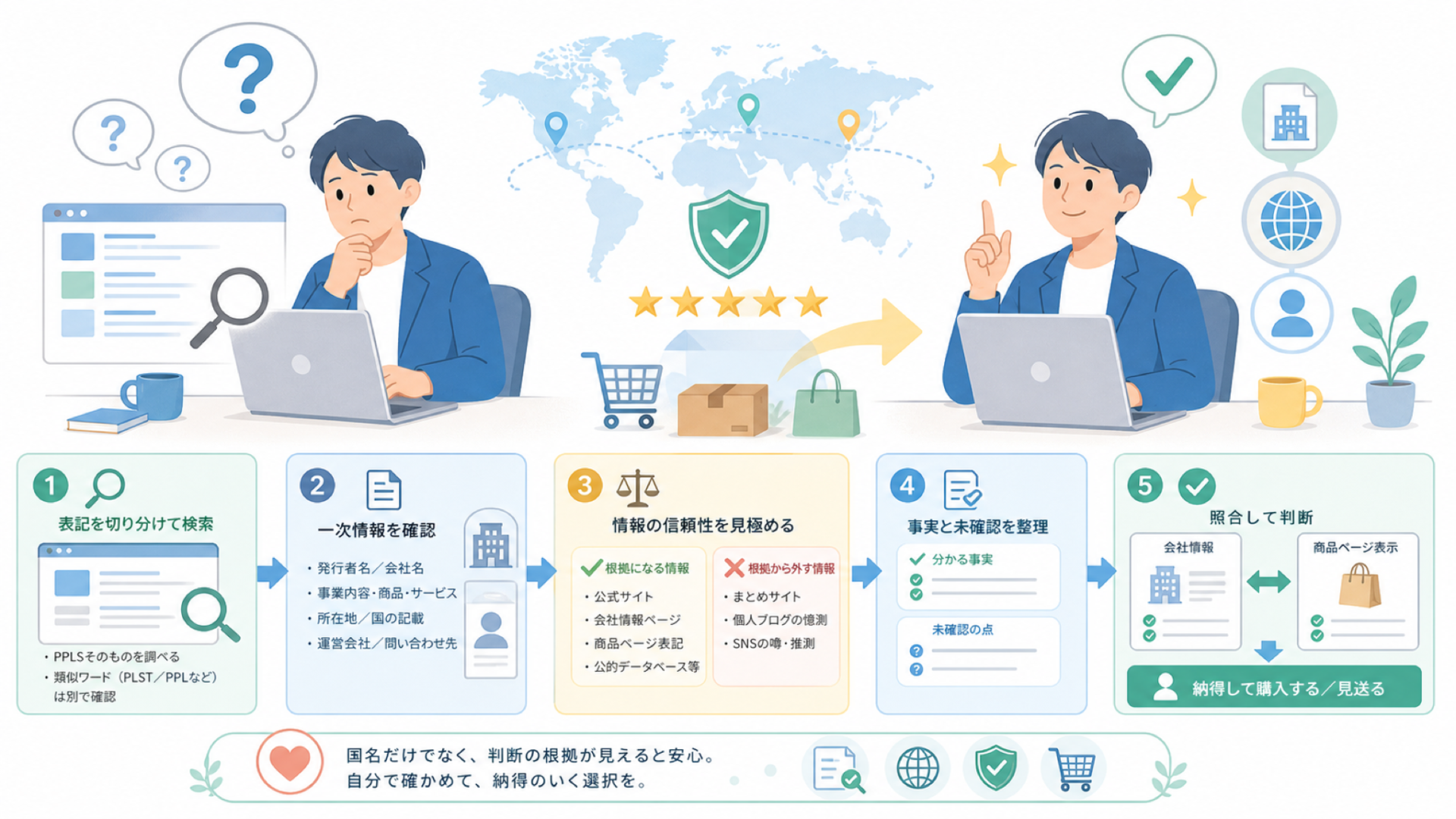 PPLSはどこの国のブランド?運営元を根拠から確認する方法まとめの要点を表すイラスト
