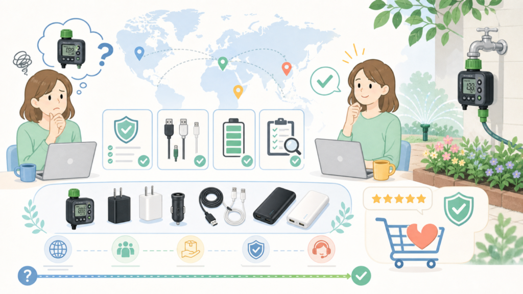 RAINPOINTはどこの国?散水タイマー購入前の安心ポイントの要点を表すイラスト
