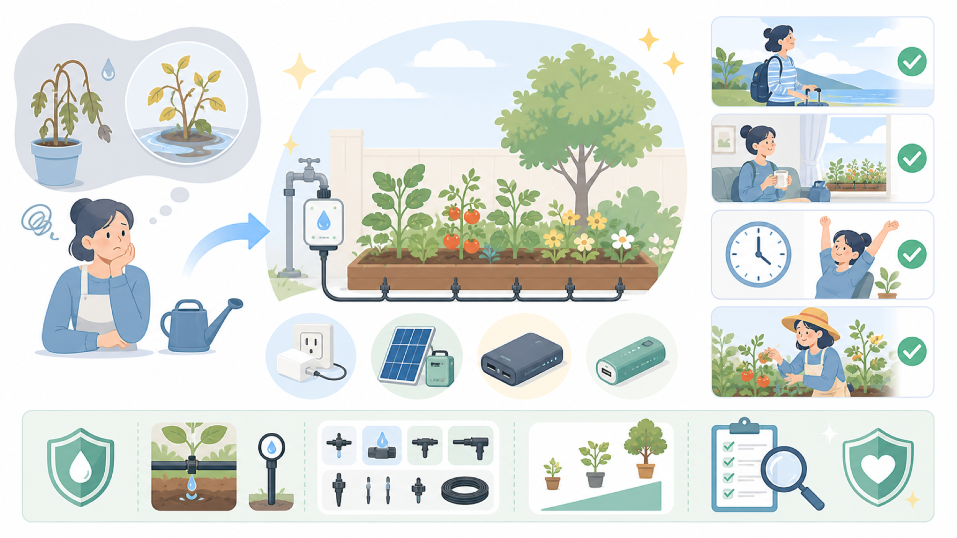 家庭菜園・庭木の水やりを自動化するメリットを表すイラスト