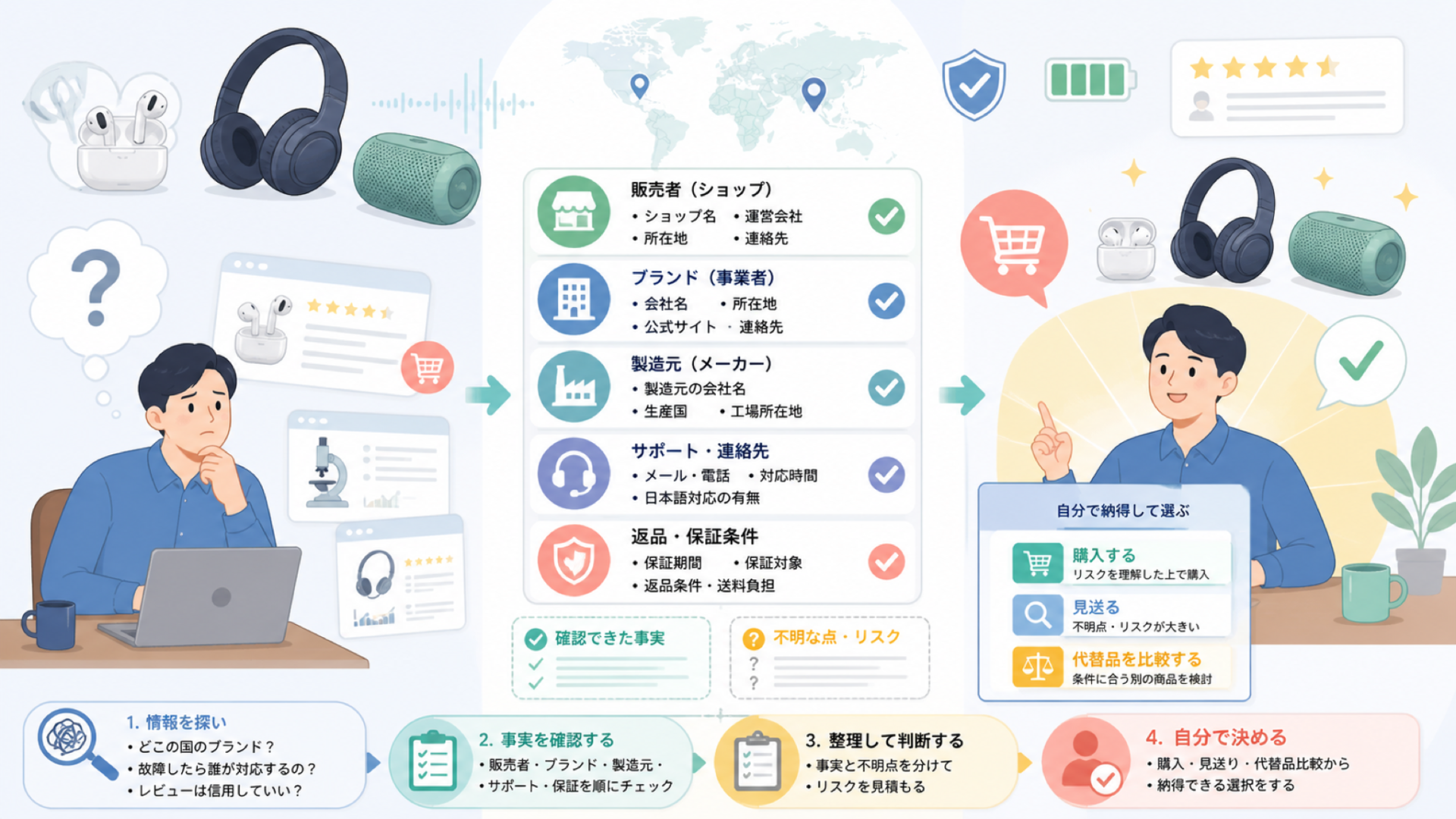 Wscoficeyはどこの国のブランド？購入前の確認ポイントの要点を表すイラスト