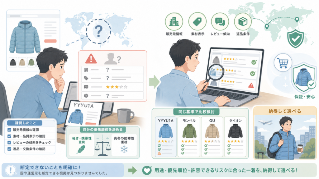 YYYU1Aはどこの国のブランド？運営元不明でも後悔しない選び方の要点を表すイラスト