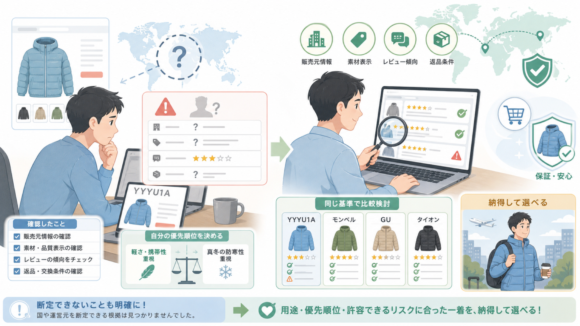 YYYU1Aはどこの国のブランド?運営元不明でも後悔しない選び方の要点を表すイラスト