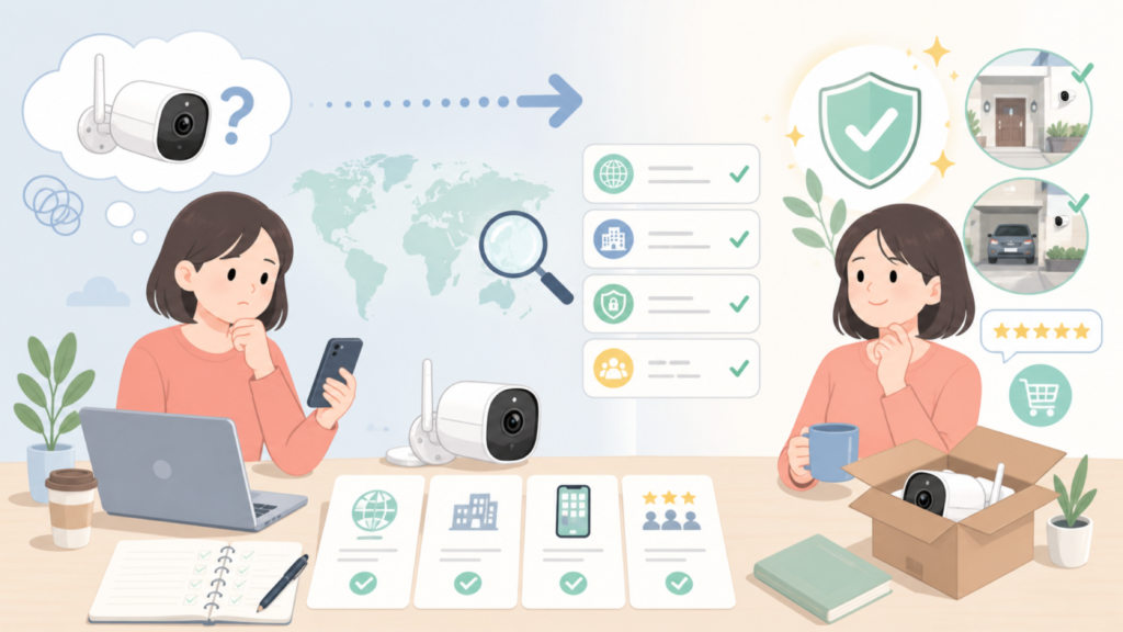 ZUMIMALLはどこの国の防犯カメラ?運営会社と安全性を確認の要点を表すイラスト