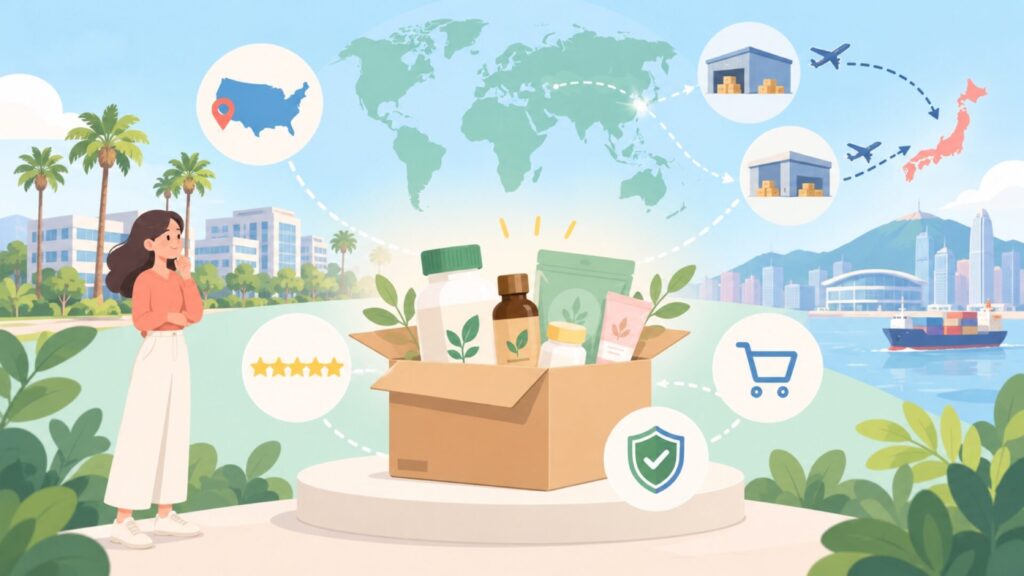 iHerbはどこの国の会社？アメリカの根拠と発送元の違いの要点を表すイラスト