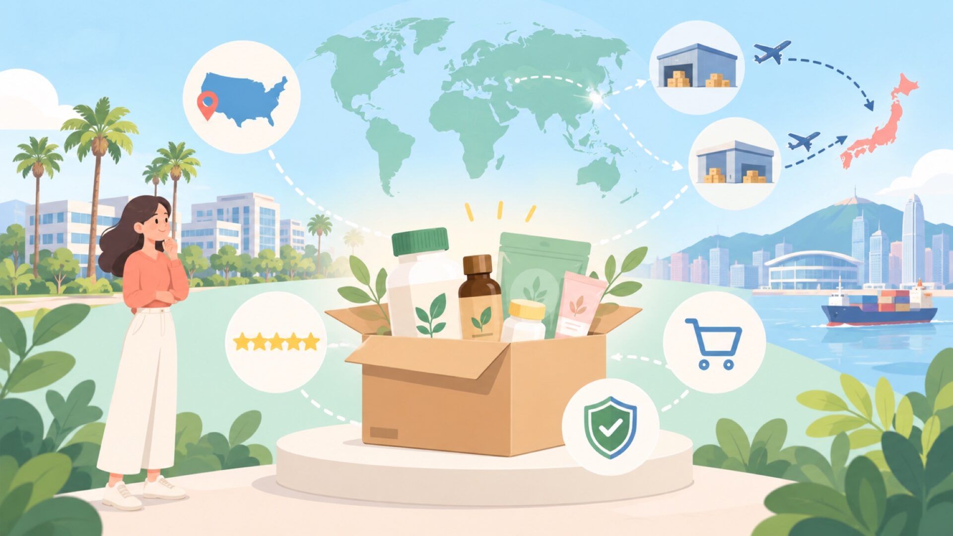 iHerbはどこの国の会社?アメリカの根拠と発送元の違いの要点を表すイラスト