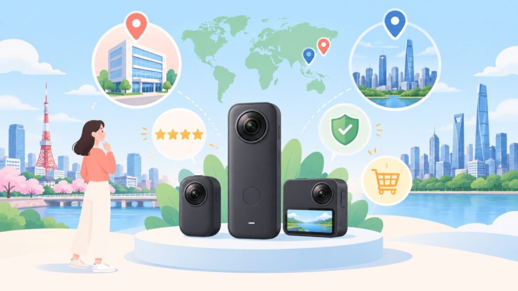 Insta360はどこの国の会社？日本法人と本社を分けて確認の要点を表すイラスト