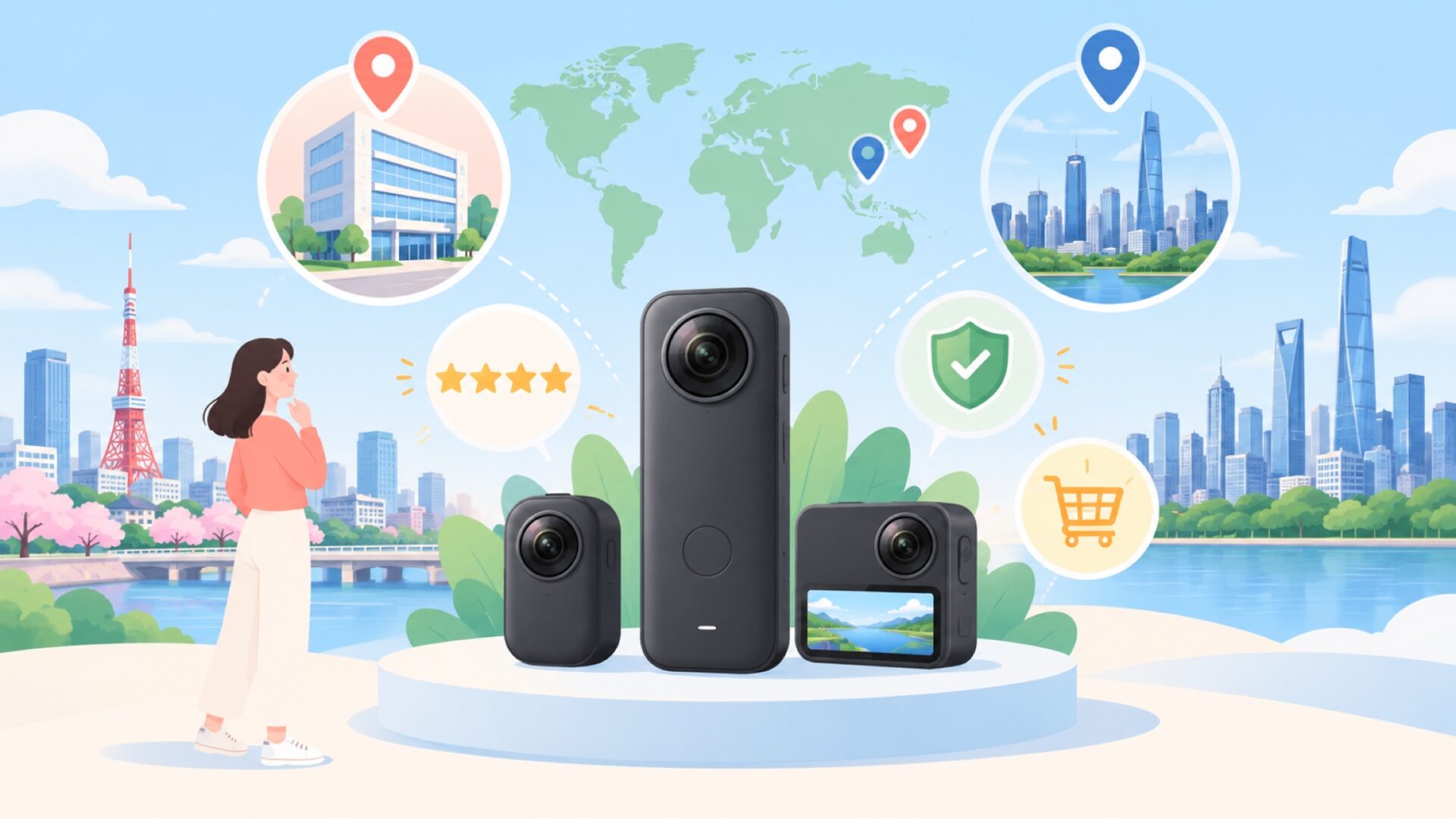 Insta360はどこの国の会社？日本法人と本社を分けて確認の要点を表すイラスト