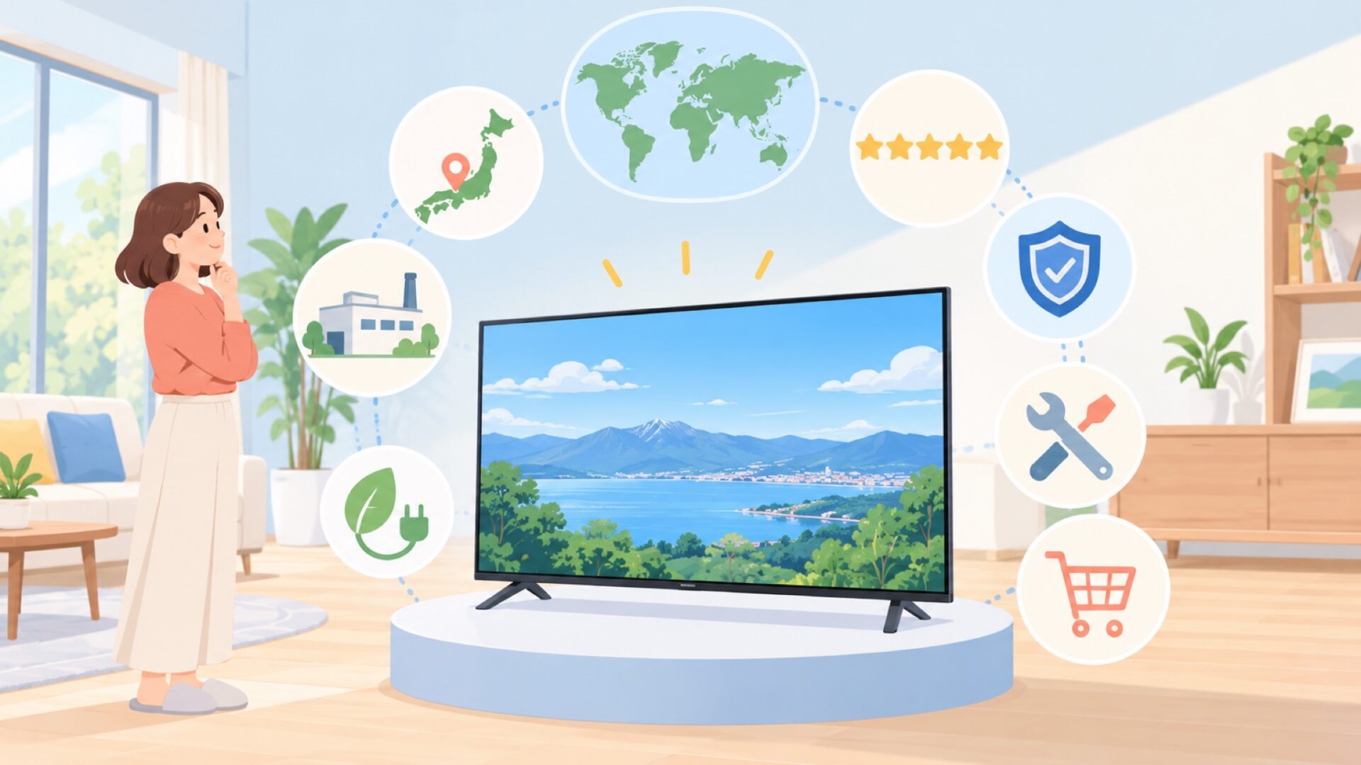 オリオンのテレビはどこの国？運営会社とドウシシャとの関係を解説の要点を表すイラスト