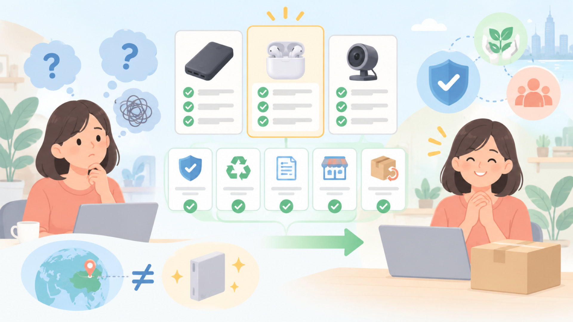 Qoosea製品を選ぶときの判断ポイントを表すイラスト