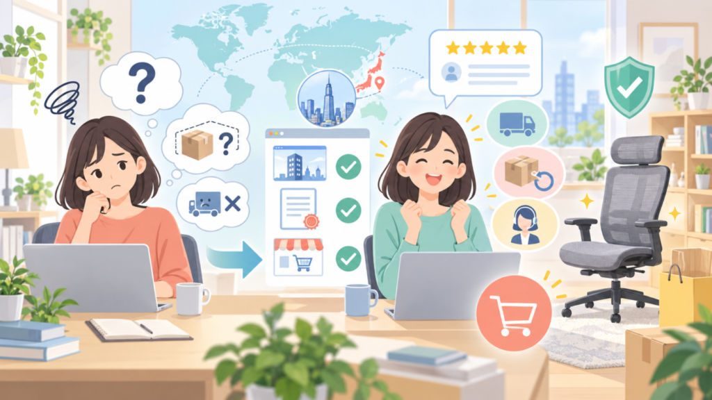 リコメン堂 どこの国？日本の会社が運営していると分かる根拠と注文前の確認点の要点を表すイラスト