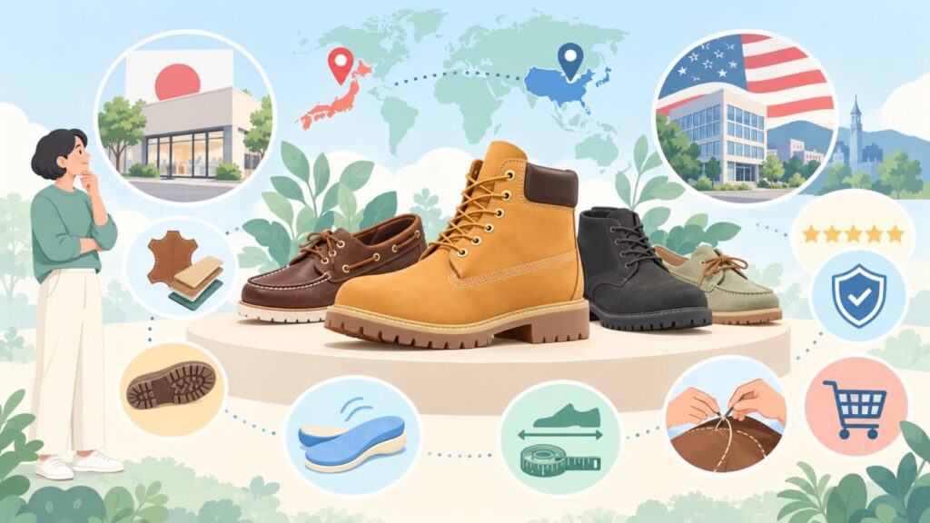 ティンバーランドはどこの国？日本の販売元とアメリカの商標権者の要点を表すイラスト