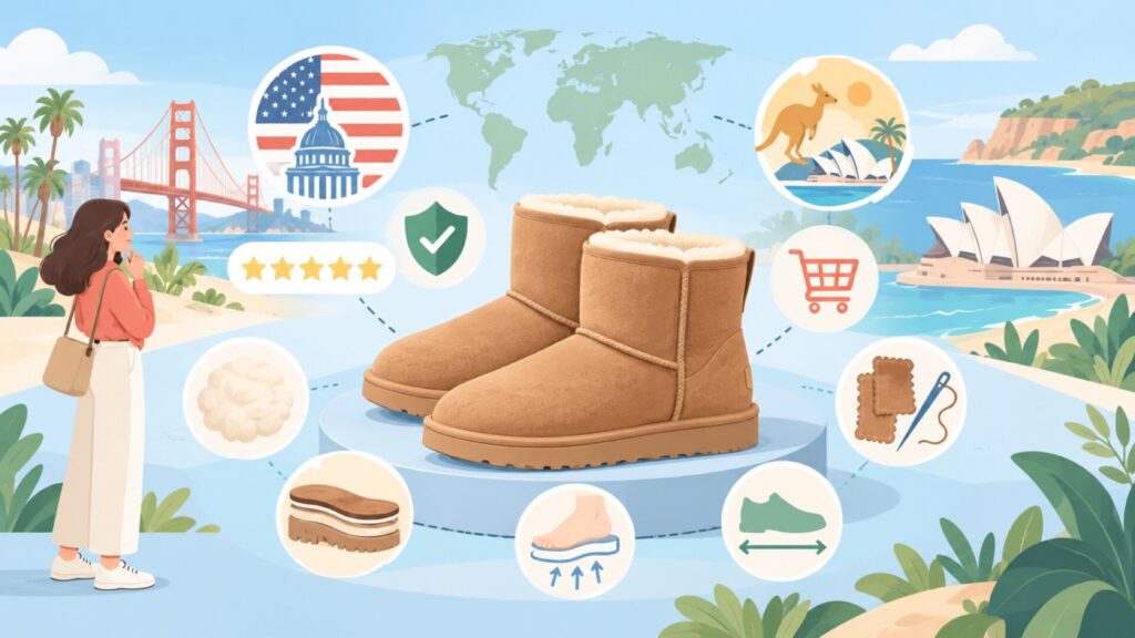 UGGはどこの国のブランド？商標の権利者はアメリカの要点を表すイラスト