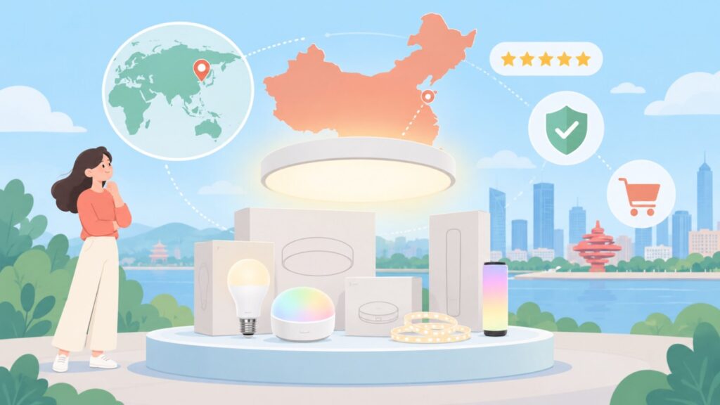 Yeelightはどこの国？運営元は中国企業、購入前の確認点の要点を表すイラスト