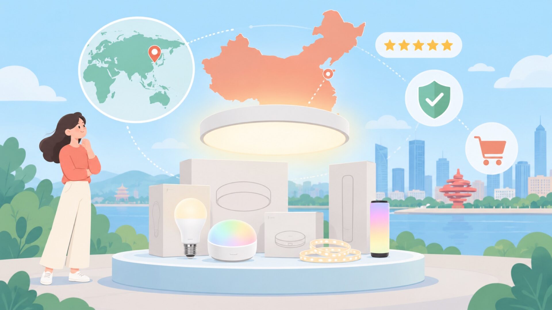 Yeelightはどこの国?運営元は中国企業、購入前の確認点の要点を表すイラスト