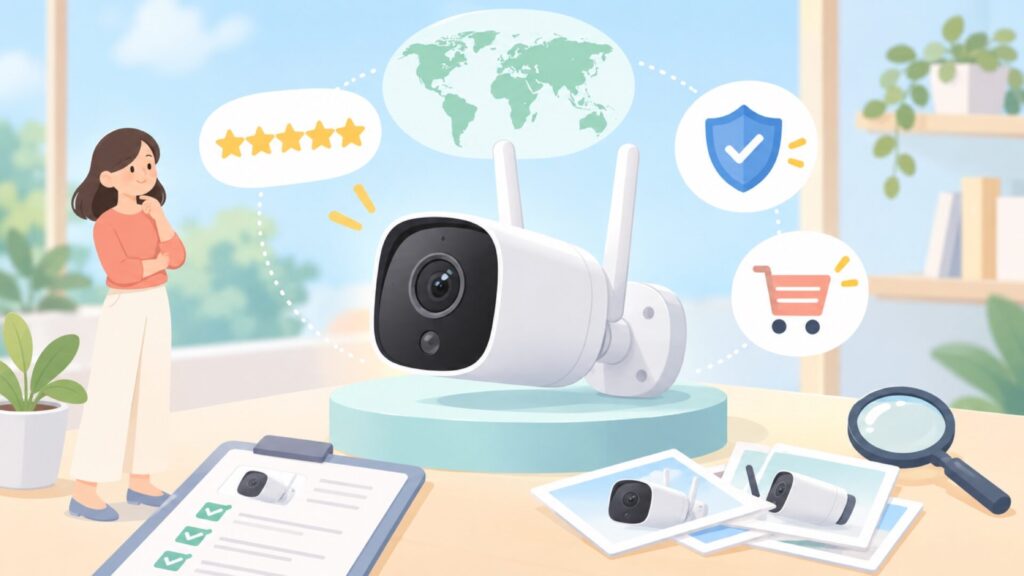 YESKAMOはどこの国？防犯カメラの評判と安全性の要点を表すイラスト
